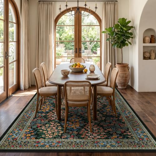 6x9 Area Rugs, Washable Floral Area Rugs for Living Room, Indoor Area Rug for Bedroom, Dining Room, Low Pile Non-Slip Non Shedding Rug(Black Floral)