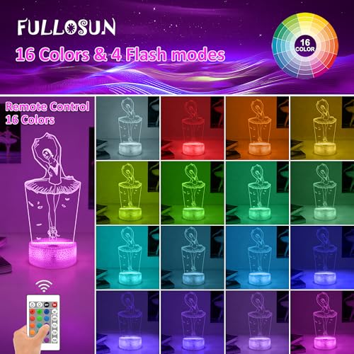 FULLOSUN Ballet Dancing Gifts, 3D Illusion Lamp Night Light with Remote Control 16 Colors Changing Gifts for Mom and Girls, Birthday Gift, Wedding Grandmother Graduation Gifts