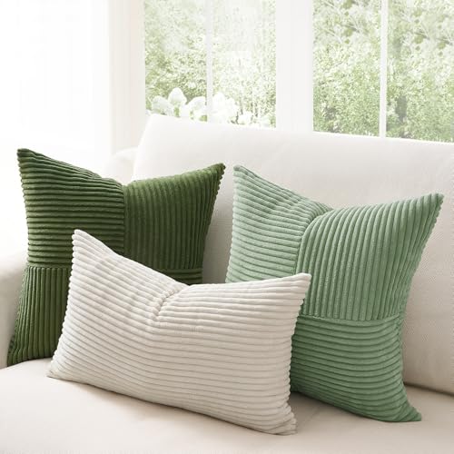 Topfinel SageGreen Throw Pillow Covers 18X18 Inch Set of 4,Boho Farmhouse Cozy Cushion Cover with Corduroy,Soft Accent Forest Green Pillow Covers for Couch,Bed,Living Room Home Decor