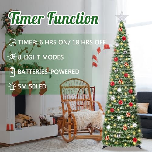 5 FT Pop Up Christmas Tree with Timer Lights and Decorations, Green Tinsel Artificial Christmas Tree with 24 Balls Ornaments, Collapsible Pencil Tree for Xmas Home Office Party Decor