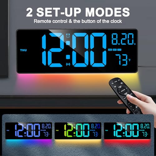 XREXS 16.3" Bluetooth Large Digital Wall Clock with Remote Control, Auto Time Sync, 6 Color Night Lights Adjustable Dimmer 10 RGB Color Changing Large Display for Home, Gym, Office and Classroom