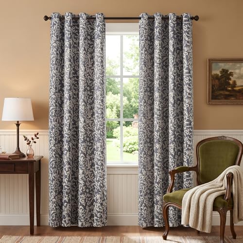 jinchan Vintage Curtains 84 Inch Long Cream Scroll Floral Blue Curtians for Living Room Bedroom Room Darkenign Drapes Thermal Insulated Classic Traditional Privacy Grommet Top 2 Panels