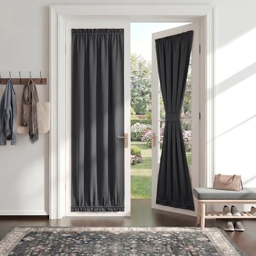 PONY DANCE Blackout Door Window Curtains, Dual Rod Pocket Grey Drape for Front Glass French Door, Privacy Thermal Insulated Room Darkening Curtain for Sidelight Window, W 25 x L 72 inch, 1 Panel