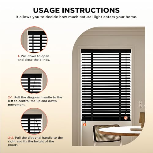 2" Slats Wood Blinds for Indoor Windows: Solid Wooden Blackout Blinds & Shades,Black Out Privacy Horizontal Blinds for Home Bedroom Bathroom Living Room Windows 22.5" WX48 H Black