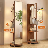 Floor-Standing Solid Wood Rotating Coat Rack，Rustic Wood Full Length Mirror with Coat Rack 360° Rotatable Standing Mirror and Coat Hanger for Bedroom and Living Room Roller Version