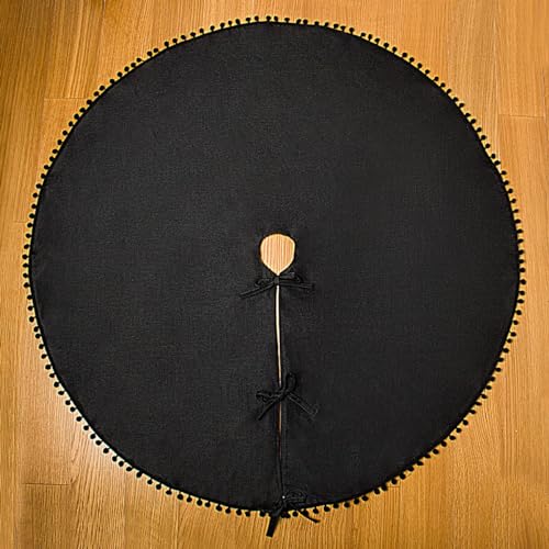 Christmas Tree Skirt, Black Christmas Tree Skirt 48 inches Soft Double Layer Burlap Tree Skirt with Pom Pom for Rustic Christmas Halloween Decorations