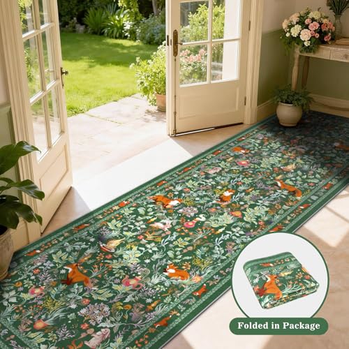 nesrt Fox Runner Rugs for Hallway 3x10ft Non Slip, Washable Long Animal Print Kitchen Rug, Soft Jungle Woodland Runners, Fantasy Floor Carpet for Entryway Doorway Home Decor (Green)