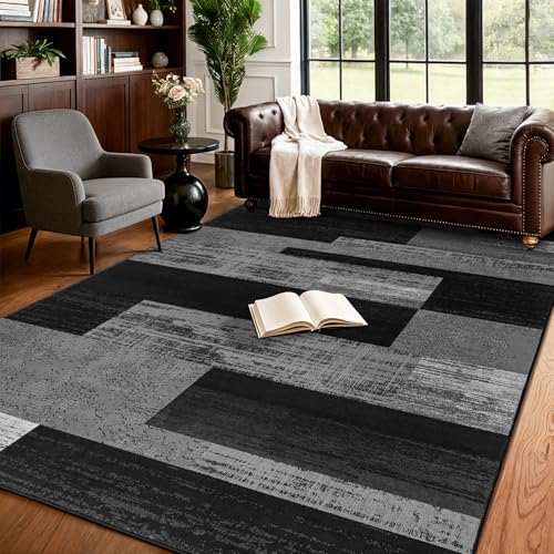 6x9 Washable Area Rugs for Living Room and Bedroom(6x9,Black&Gray)