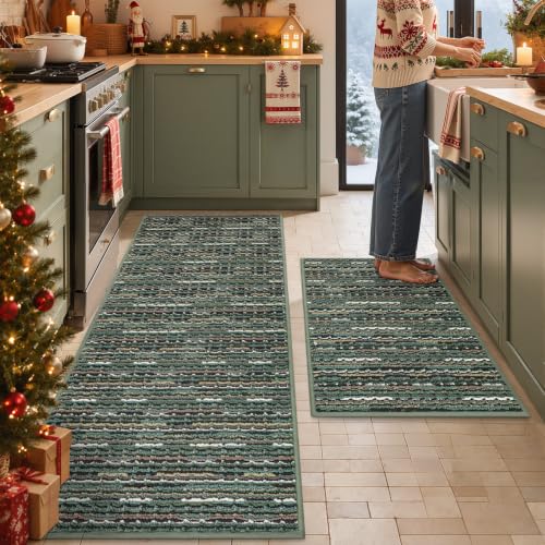 Kitchen Rugs Sets of 2, Non Slip Kitchen Mats for Floor, Green