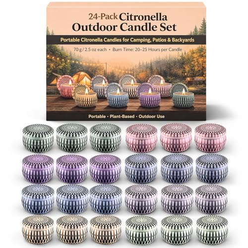 24 Pack Citronella Candles Outdoor, 2.5 oz Soy Wax Tin Candles with 8% Citronella Oil, Up to 600 Hours Total Burn Time, Portable Patio Candle Set for Backyard, Camping, BBQ & Summer Use