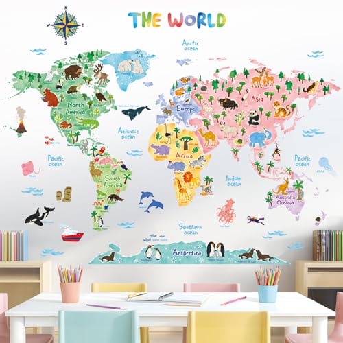 DECOWALL SG2-1615S Animal World Map Kids Wall Decals Wall Stickers Peel and Stick Removable Wall Stickers for Kids Nursery Bedroom Living Room (Large)
