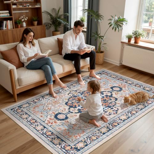 Boho Vintage Area Rug 6x9 Machine Washable Carpet, Orange Blue