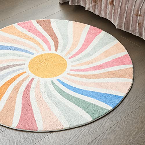 Topotdor Sun Rainbow Round Rug,Colorful Boho Kids Rug Ultra Soft Washable Nursery Rug for Bedroom Perschool Classroom,47" Round