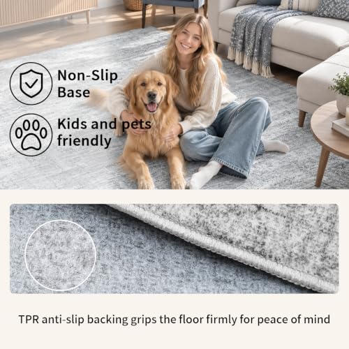 Area Rugs for Living Room Bedroom 10x12 Washable Non-Slip, Grey
