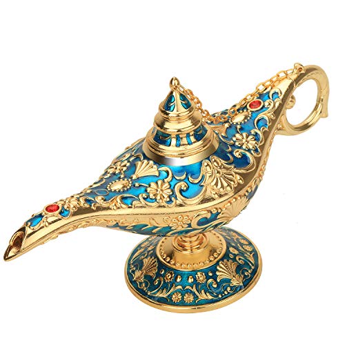 LAUYOO Classic Aladdin Magic Genie Lamp Legend Wishing Light Costume Lamp Metal Carved Arabian Props for Home Tabletop Decoration Party Birthday Halloween Christmas Size 7 x 20.7 x 11.3CM-Blue