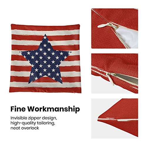4th of July Pillow Covers 18x18 Inch Set of 2 Memorial Day Independence Day Red Stripe Blue Star Decor Throw Pillows American Flag USA Patriotic Outdoor Cushion Cases for Couch Bed Decorations