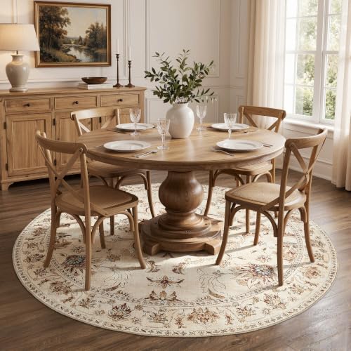 jinchan 7ft Traditional Floral Round Rug, Washable Rug, Oatmeal Rust