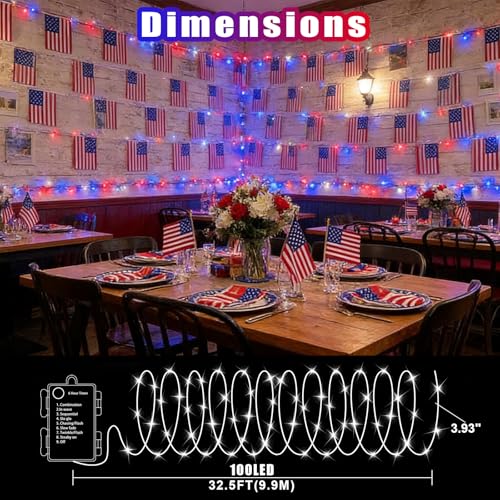 100 LED String Lights 33FT (10M) with Copper Wire, Waterproof Battery Box, Multifunctional Modes Lighting (Red, White, Blue) for Nation Day