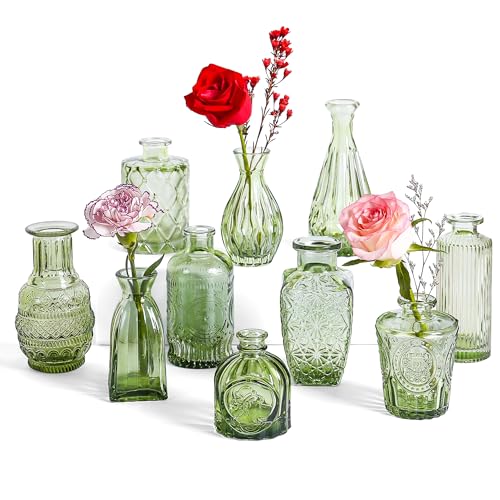 Vintage Small Glass Vases Set of 10,Mini Bud Vases for Flowers,Amber Glass Vases for Centerpieces,Wedding Decorations,Home Table Flower Decor (Hunt Green)