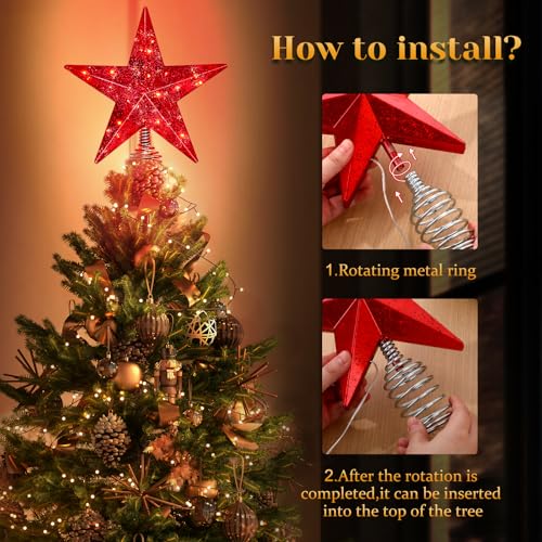 Red Christmas Tree Star Topper with Lights, 8.5-Inch Light-Up Christmas Tree Topper with Remote Control, 4 Brightness Levels & 8 Light Modes, Faux Mercury Glitter Design with 20 Lights