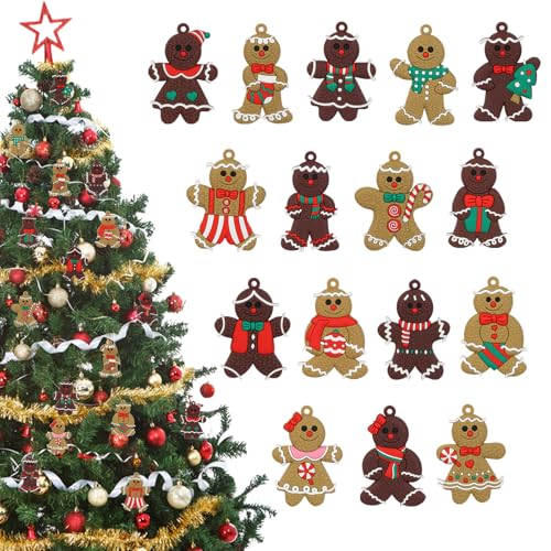 16 Pcs Gingerbread Man Ornaments for Christmas Tree, Gingerbread Christmas Decorations, 3 Inch Adorable Gingerbread Figurines Decor for Tree, Home, Office, Baking Party, Gift Tags & Party Favors