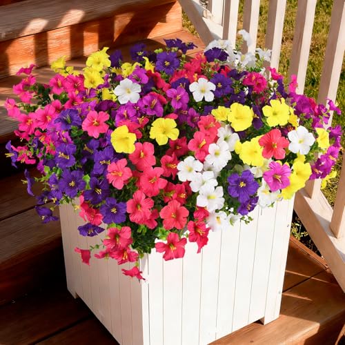 INQCMY Artificial Fake Flowers for Outdoors Decoration,12 Bundles Silk Colorful Morning Glory with Eucalyptus UV Resistant Look Real Faux Flowers for Planter Door Garden Porch Patio Balcony Yard