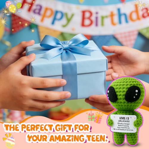 13th Birthday Decorations for Boys Handmade Crochet Alien Figure Teen Card | 13 Years Old Gift for Son, Daughter, Friend, or Grandchild