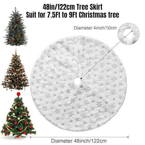 Dremisland Christmas Tree Skirt, 48 inches Large White&Silver Luxury Faux Fur Tree Skirt with Snowflakes Super Soft Thick Plush Tree Skirt for Xmas Tree Decoration (Silver, 48inch/122cm)