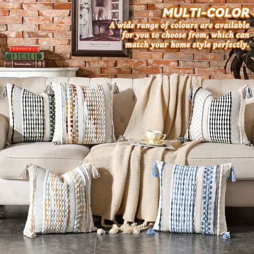 AmHoo Set of 2 Chenille Striped Textured Boho Throw Pillow Covers Aesthetic with Tassels Woven Decorative Pillow Case for Couch Bed Sofa Bedroom Modern Funky 18 x 18-Inch Brown