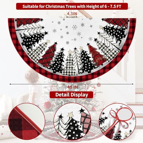 Christmas Tree Skirt 48 Inch, Red and Black Buffalo Plaid Xmas Tree Skirt, Winter Christmas Tree Mat for Home Party Holiday Indoor Outdoor Decorations