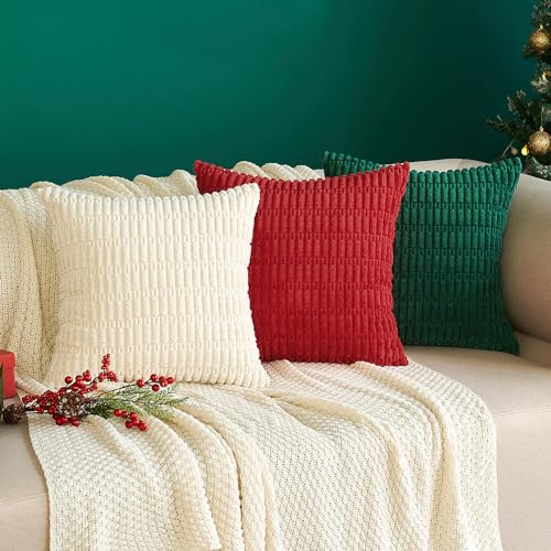MIULEE Pack of 2 Christmas Red Corduroy Decorative Throw Pillow Covers 18x18 Inch Soft Boho Striped, 18x18 Pillow Inserts Pack of 2 Down Alternative Decorative Feather Throw Pillow Inserts for Sofa Be