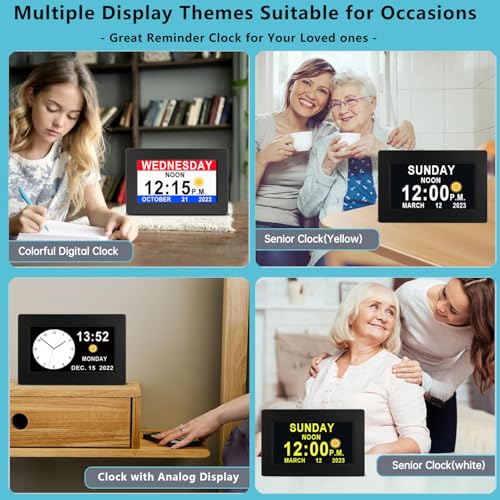 Véfaîî Digital Clock with Day Date 1280 * 800P HD, 19 Alarms Custom Reminders, 10 Levels Auto Dimmer Dementia Clock, 8 Display Colors, Auto DST, Remote & Buttons Control Easy for Elderly