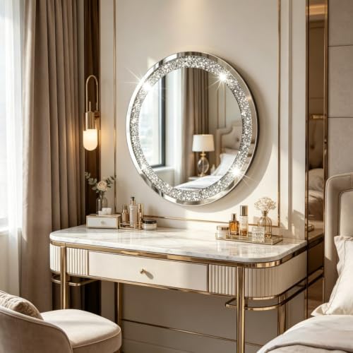 Crystal Crush Diamond Sparkly Round Silver Mirror for Wall Decoration 20x20x1 inch Wall Hang Frameless Bling Stylish Gorgeous Glam Mirror Vanity Home Decor.