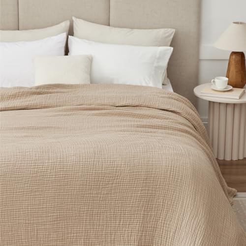 6 Layers Cotton Muslin Blankets Large, Lightweight Cotton Throw, Cooling Soft Throw Blanket for Year-Round Comfort, Breathable Quilt Bedspread, Gauze Weave Bedding for Adults, Oatmeal, Beige Linen