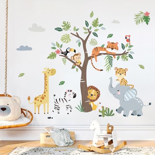 decalmile Jungle Animals Tree Wall Decals Elephant Giraffe Lion Safari Wall Stickers Baby Nursery Kids Bedroom Living Room Wall Decor