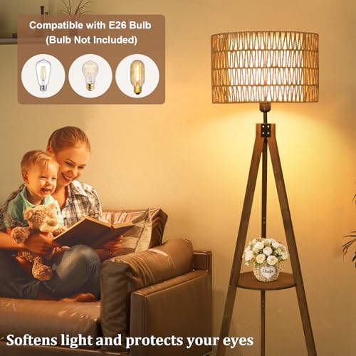 Boho Tripod Floor Lamps for Living Room, Rattan Wood Floor Lamp with Fabric Shades, Mid Century Standing Lamp with Shelf, Foot Switch, Modern Farmhouse Tall Lamps for Bedroom Office Brown