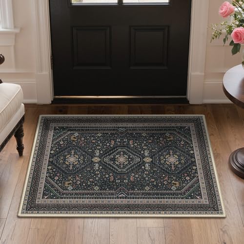 GENIMO 2x3 Entryway Rug, Washable Small Indoor Area Carpet Floral Ebony