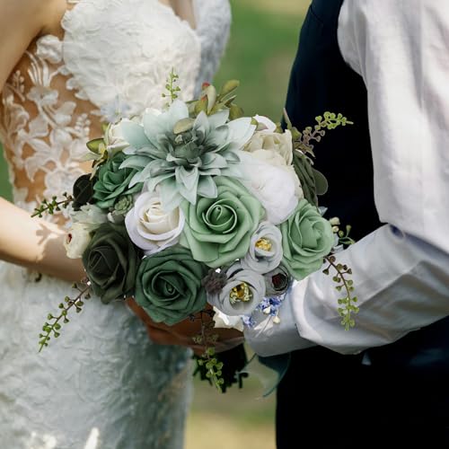Floweroyal Artificial Flowers Combo Green Flowers Mix Silk Flowers Dahlia Roses with Stems for DIY Wedding Bridal Bouquets, Baby Shower, Floral Arrangement, Table Centerpieces, Home Decorations.