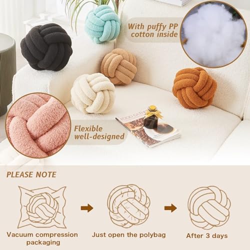 LUSJNGE Decorative Throw Knot Pillow Ball for Home Chair Sofa Couch Bed Aesthetic Round Decor Pillows Lambswool Knotted Pillow Cushion (Beige, 8inches)