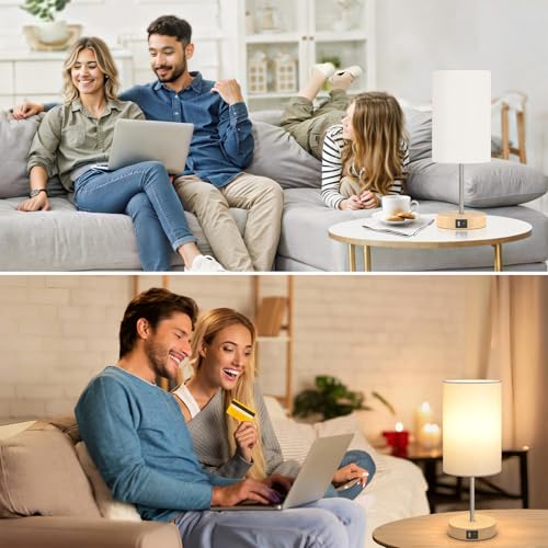 Table Lamp for Bedroom, 3 Way Dimmable Touch Lamp with Dual Charging Station, Small Bedside Lamps for Night Stands, Living Room, Office(LED Bulb Included)