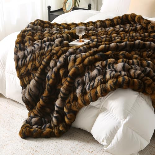 MERRYLIFE Luxury Thick Plush Tiger Print Faux Rabbit Fur Throw Blanket Ultra-Plush Cozy Soft Decorative Blanket Use for Couch Bed Travel (Tiger, 60"*80")