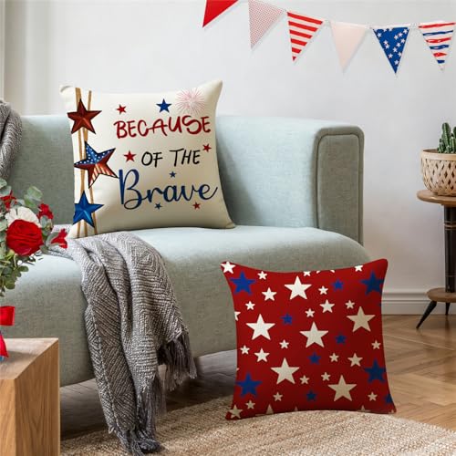 4th of July Pillow Covers 18x18 Set of 4 America Flag Stars Independence Day Decorations Home of The Free Memorial Day Patriotic Throw Cushion Case for Home Sofa Couch