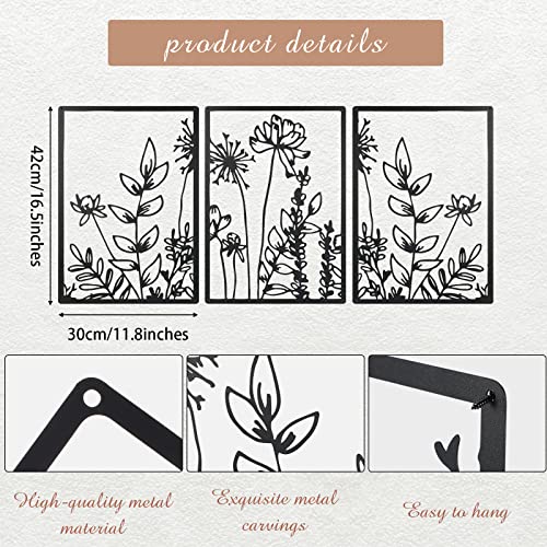 Therwen 3 Pcs Black Metal Wall Art Minimalist Wall Decor for Bedroom Flowers Decor Hanging Flower Bathroom Art Flower Line Sculpture Kitchen Decoration 16.5 x 9.8 Inch(Cute Style)