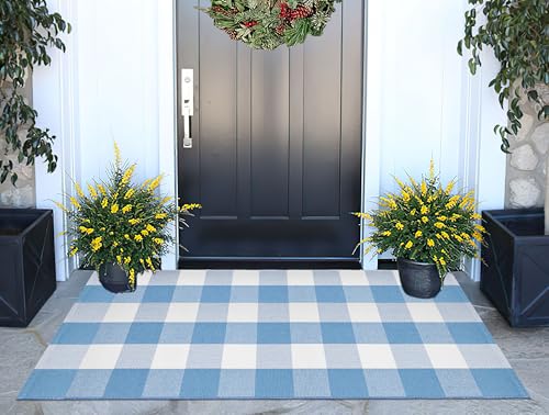 Front Porch Rug 24''x51''Light Blue and White Outdoor Rug Cotton Woven Washable Door Mat Outdoor for Layered Hello Welcome Door Mat Kitchen Farmhouse Entryway