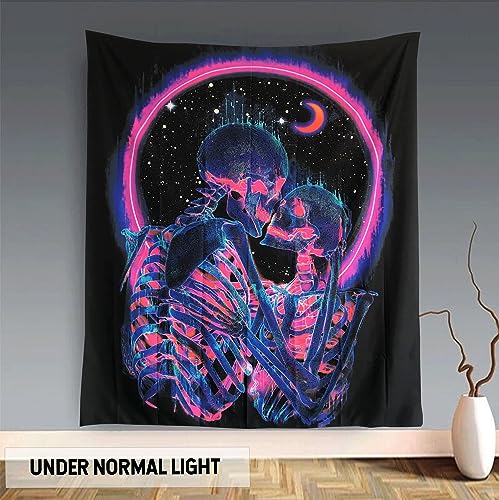 TUGCAY Blacklight Skull Tapestry Glow in the Dark Tapestry Kissing Lovers Tapestries Skeleton Neon Trippy Moon Stars Vertical Posters Wall Hanging Decor for Bedroom Aesthetic – 51.2” x 59.1”