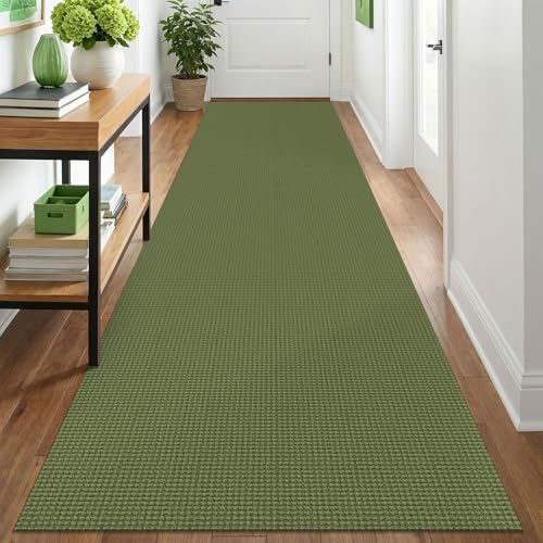 Washable Runner Rug 3x12 Non Slip Rubber Backed Extra Long Hallway Runner Entryway Runner Indoor, Kitchen Rugs Woven Cotton Floor Carpet for Hall Entrance, Olive Green/Earthy Green