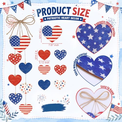 Capoda 4th of July Wood Hanging Decor Rustic Heart Patriotic Wreath Hanging Sign 250th Anniversary Independence Day Double-sided Wooden Wreaths, Labor Day Wall Decoration for Home Indoor Outdoor