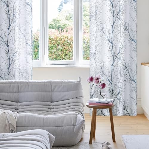 FMFUNCTEX Linen Semi Sheer Curtains for Bedroom, Blue White Curtains 84 Inches Long for Living Room, Grey Tree Branch Patterned Curtain Light Filtering Farmhouse Window Drapes, Grommet Top 2 Panels