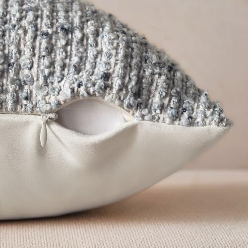 Allorry Decorative Lumbar Pillow Cover 12x20 Blue Striped Soft Wool Lumbar Throw Pillow Neutral Textured Boho Cushion Covers for Modern Farmhouse Sofa Bedroom Living Room Decor SY011-C12