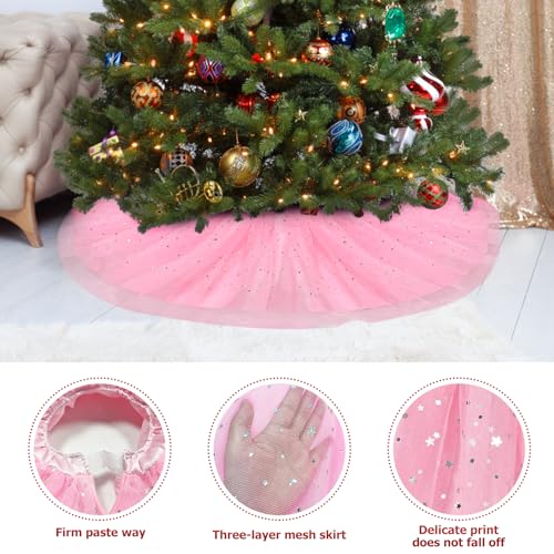 FIABC Christmas Wedding Tree Skirt,45 inch 4-Layer Fluffy Romantic Pleated Sparkly Skirt Decoration Xmas Tree Ornament for Holiday and Party(Pink)